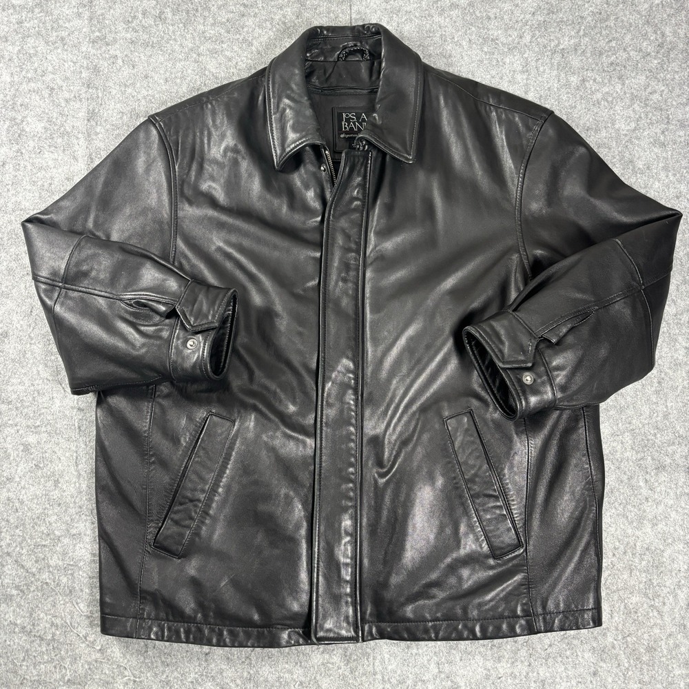 Vintage Jos. A. Bank Lined Leather Jacket Men XL Black Full Zip Pockets